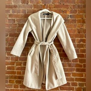 Belted soft hooded beige coat from Zara